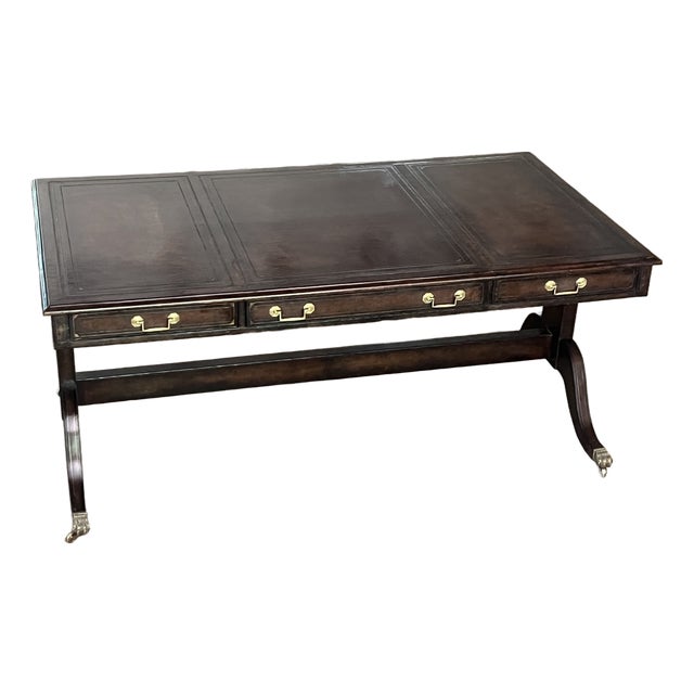 Maitland-Smith Embossed Leather Wrapped Partners Desk W/ Brass Hardware For Sale