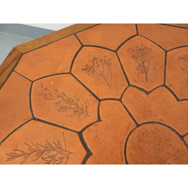 Octagonal Oak Coffee Table from Barrois with Vallauris Ceramic Herbarium Top, 1960s For Sale - Image 16 of 17
