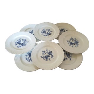 1960s Enoch Wedgwood Blue & White Ironstone Dinner Plates - Set of 8 For Sale