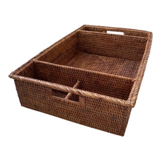Extra Large Woven Rattan Picnic Storage Tray With Handles For Sale