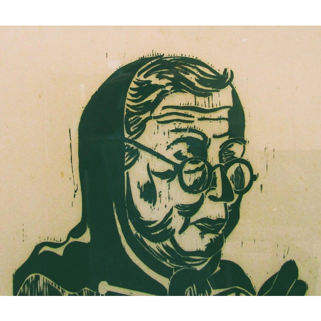 Figurative Signed and Framed Karen McCann 1963 Woodcut Print of Woman Knitting For Sale - Image 3 of 6