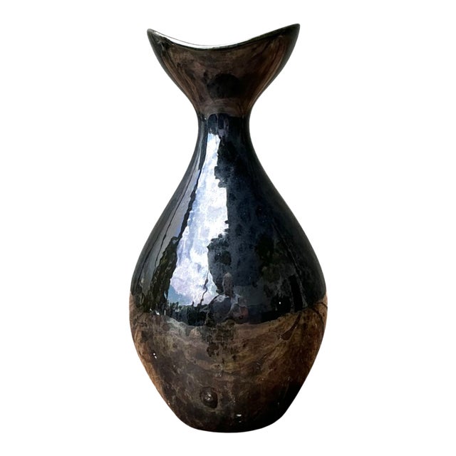 Vintage Black Glazed Ceramic Vase For Sale