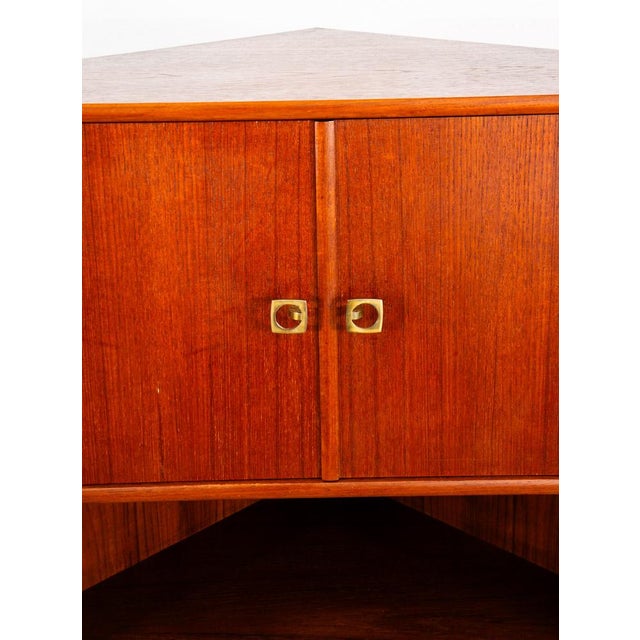 1960s Mid Century Danish Modern Corner Cabinet Unit Teak Denmark Hutch Brass For Sale - Image 11 of 12