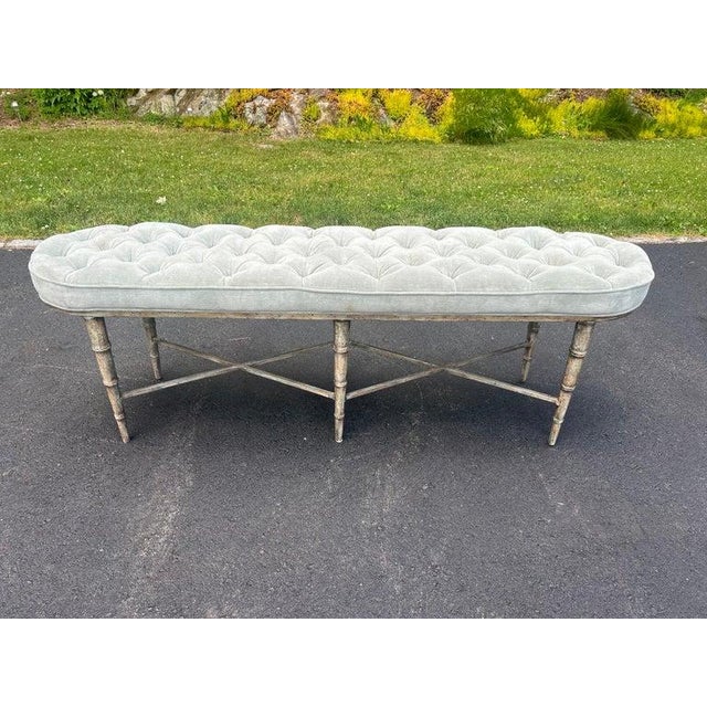 2010s Modern Faux Bamboo Tufted Velvet Bench in Grey Blue Upholstery For Sale - Image 5 of 18