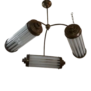 1940s Art Deco Brass & Milk Glass Rod Ship Light Chandelier