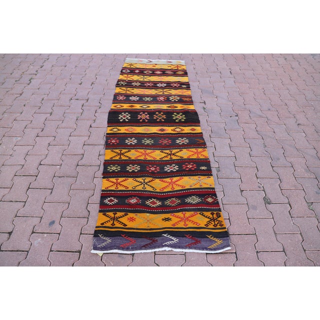 Yellow 1960s Farmhouse Style Ethnic Stripe Design Handmade Oushak Kilim Runner Rug For Sale - Image 8 of 8