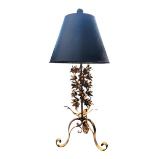 Rare Vintage Huge Tole Gold Leaf Daisy Floral Hollywood Regency Table Lamp With Black Shade For Sale