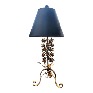 Rare Vintage Huge Tole Gold Leaf Daisy Floral Hollywood Regency Table Lamp With Black Shade