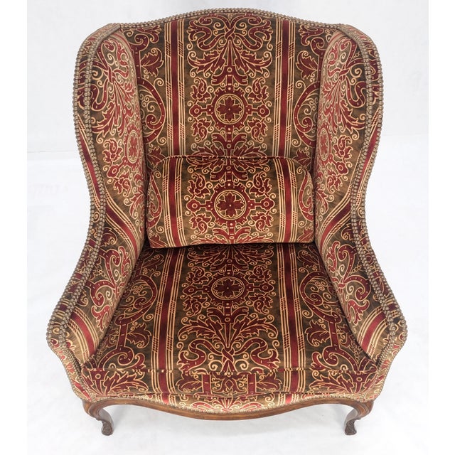 Brown Red Gold Brass Tacks Upholstery Carved Mahogany Base Legs Large Wing Chair For Sale - Image 8 of 12