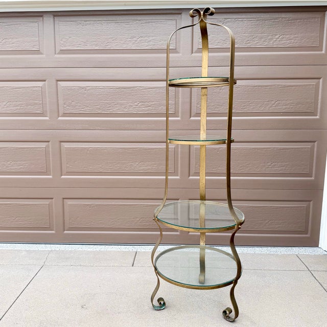 Vintage Hollywood Regency Brass & Glass Plant / Pastry Stand Display Shelving For Sale In Palm Springs - Image 6 of 12