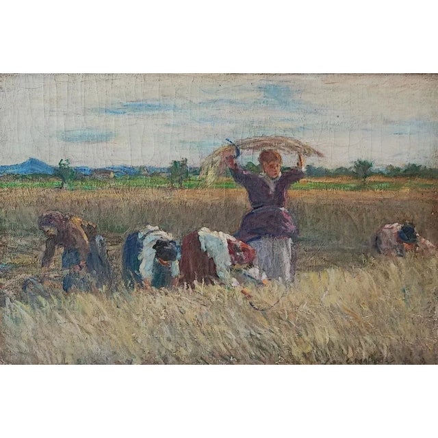 Clemente Pugliese-Levi, Women with Hay, Oil on Canvas, 1920s, Framed, in Flawless conditions. Designed 1920 to 1949 This...