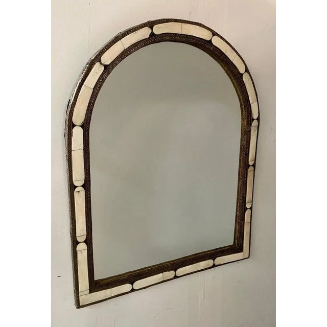 Hollywood Regency Hollywood Regency Style Handmade Arched White Bone & Brass Inlay Mirror, Pair For Sale - Image 3 of 10