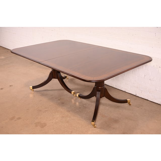 Brown Baker Furniture Stately Homes Georgian Banded Mahogany Double Pedestal Extension Dining Table | Newly Refinished For Sale - Image 8 of 14