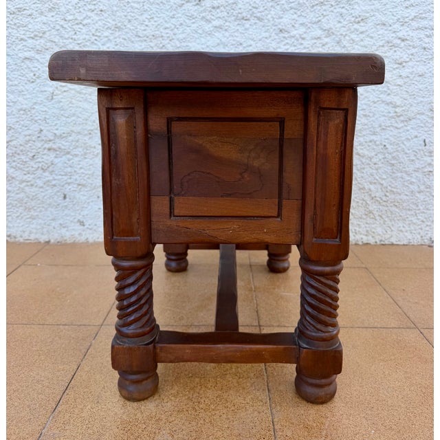 Spanish Carved Wood Side Table with Geometric Decoration and Spiral Legs, 1930 For Sale - Image 9 of 15