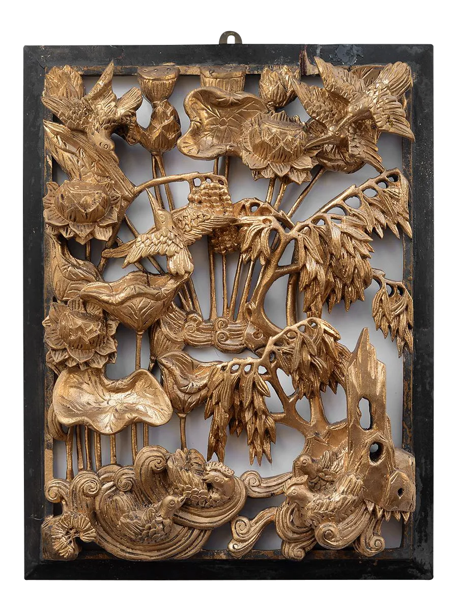 Vintage Chinese Gilded Hand-Carved Wood Relief Panel of Birds and