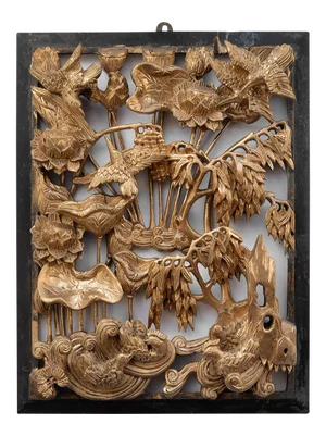 Vintage Chinese Gilded Hand-Carved Wood Relief Panel of Birds and Flowers