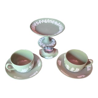 Vintage 20th Century Celadon Sage Green Wedgwood Jasperware Partial Tea & Dressing Service - 6 Pieces (Jg) For Sale