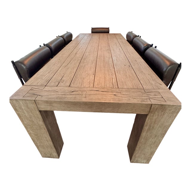 Classic Home Reclaimed Oak Dining Table 89"w X 40"d X 30"h (8) Black Leather Dining Chairs For Sale