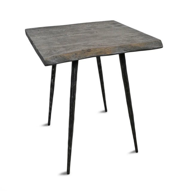 Elm wood top side table or nightstand with sandblasted grey finish and live edge. Hand forged gunmetal hammered iron legs....