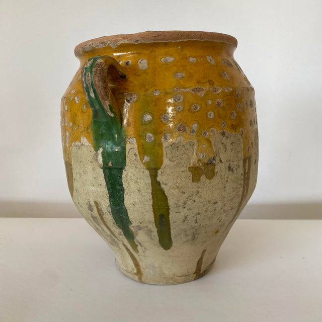 Antique French Mustard Color Glazed Pottery Vase With Handles For Sale In New York - Image 6 of 10