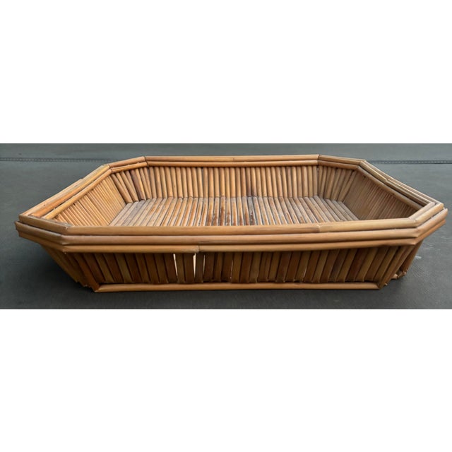 Charming vintage bamboo and rattan tray featuring an unusual near-square silhouette with clipped corners and beautifully...