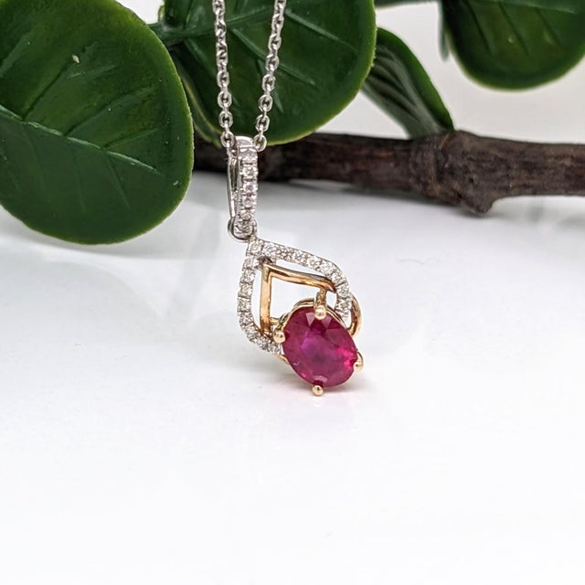 Modern Ruby Pendant W Earth Mined Diamonds in Solid 14k Dual Tone Gold | Oval 6x4mm For Sale - Image 3 of 10