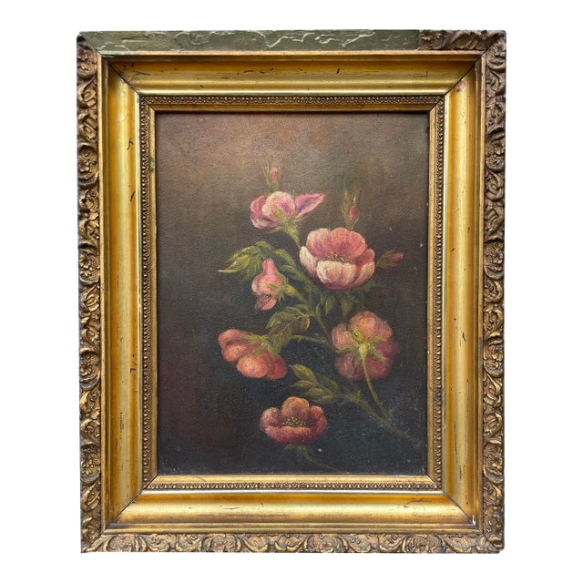 Mid to Late 1800s Oil on Panel Still Life of Pink Roses. For Sale
