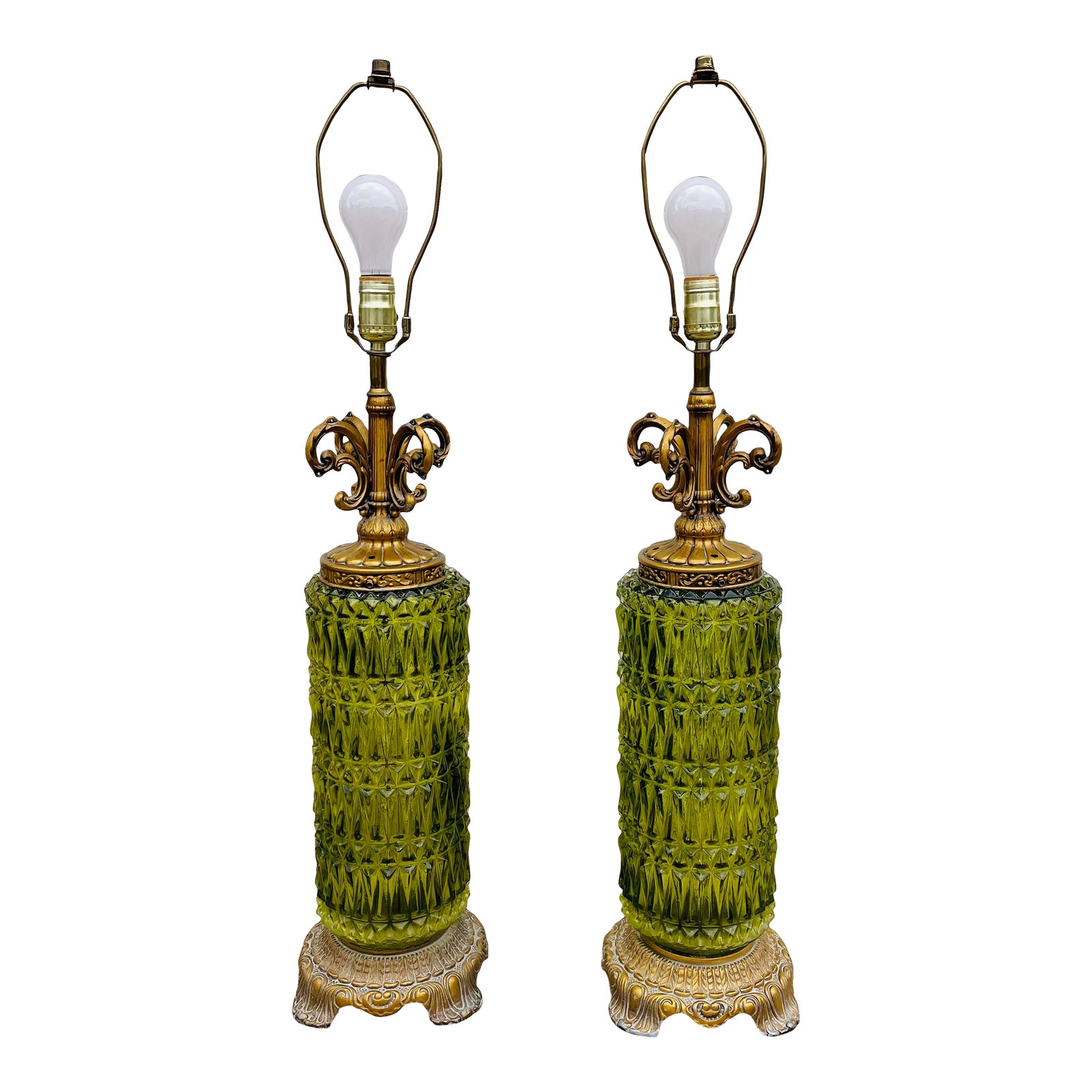 Vintage Pair of Mid Century Hollywood Regency Ornate Green Glass Lamps