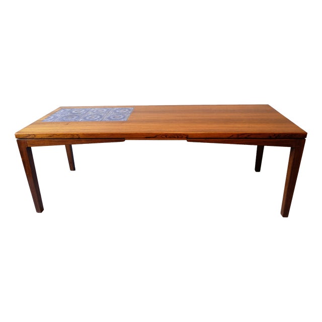 Rosewood Coffee Table with Blue Ceramic Tiles, Denmark, 1960s For Sale