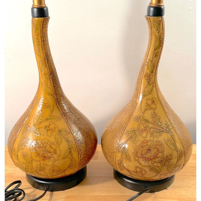 Pair English Aesthetic Movement Gourd Vases, Now as Lamps Attributed Doulton-Lambeth Pottery Circa 1880 This exquisite...
