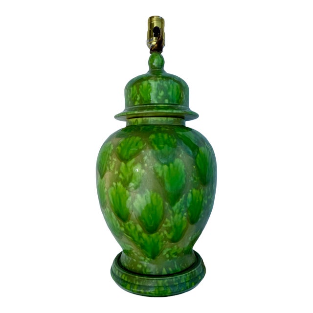 1960s Mid-Century Modern Green Ceramic Ginger Jar Lamp For Sale