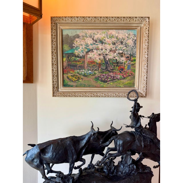 Mid-Century Modern 1961 Line Bloom Draper Impressionist Garden Oil Painting in Original Frame For Sale - Image 3 of 12