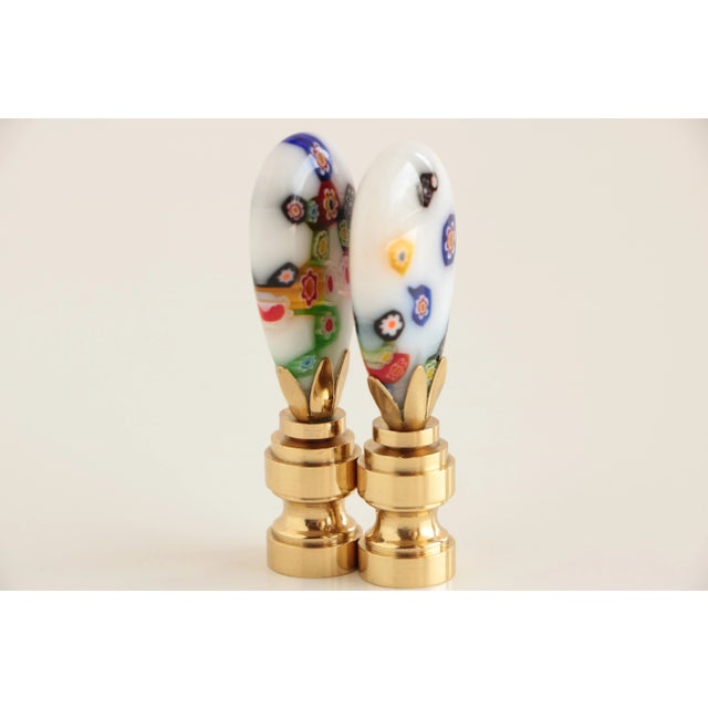 Traditional Millefiori Glass Lamp Finials on Shiny Brass Bases - a Pair For Sale - Image 3 of 6