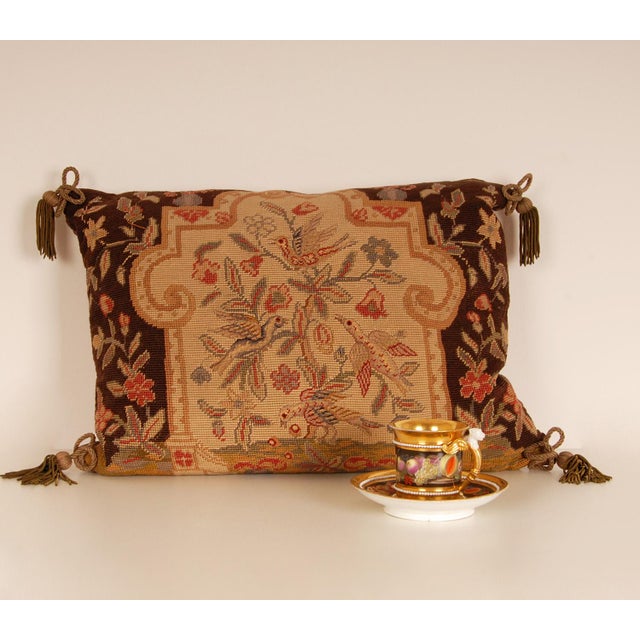 Gothic Antique French Needlepoint Pillow Throw Cushion Antique Animal Medallion For Sale - Image 3 of 12
