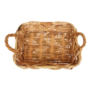 1950s Mid-Century Vintage Chunky Rectangular Wicker Bread Basket With Handles For Sale