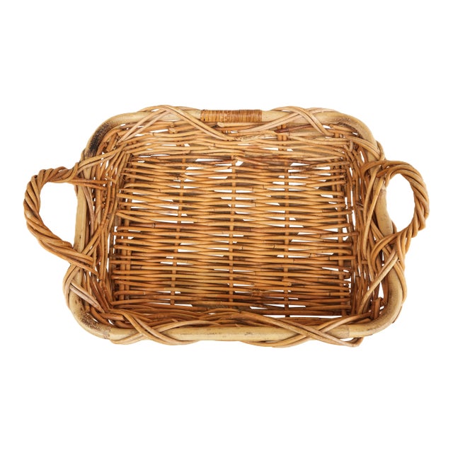 Mid-Century Chunky Rectangular Wicker Bread Basket With Handles For Sale