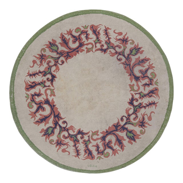 Signed Vintage Leleu French Art Deco Circle Rug in White and Blue - Rug & Kilim For Sale