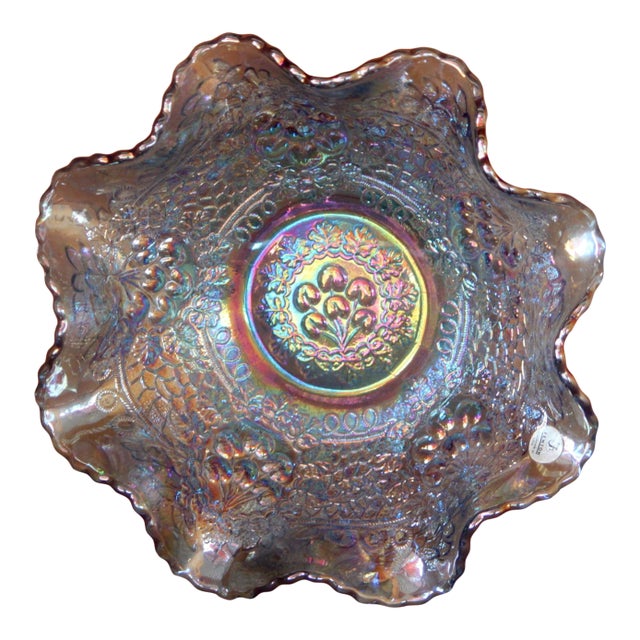 1970s Fenton Art Glass Iridescent Ice Blue Cherry Chain Bowl With Orange Tree Exterior For Sale