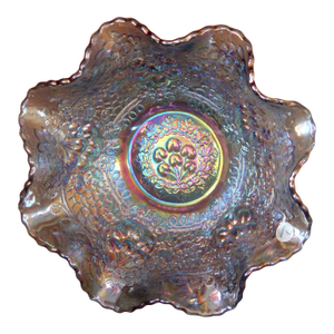 1970s Fenton Art Glass Iridescent Ice Blue Cherry Chain Bowl With Orange Tree Exterior