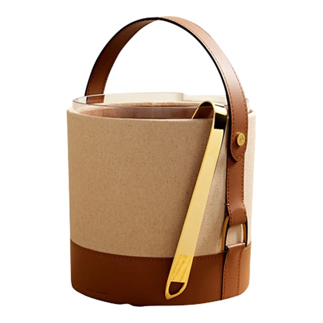 Ralph Lauren Home Garrett Equestrian Canvas Leather Ice Bucket With Glass Insert For Sale