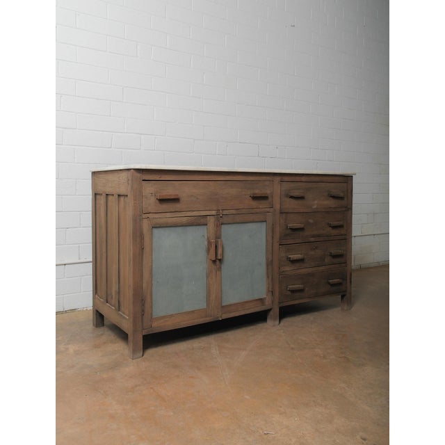 Farmhouse Rustic Wooden Marble Top Sideboard With Drawers & Frosted Panels For Sale - Image 3 of 7