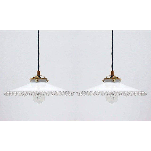 Metal Mid-Century French Opaline Glass Pendant Lamps, 1950s, Set of 2 For Sale - Image 7 of 8