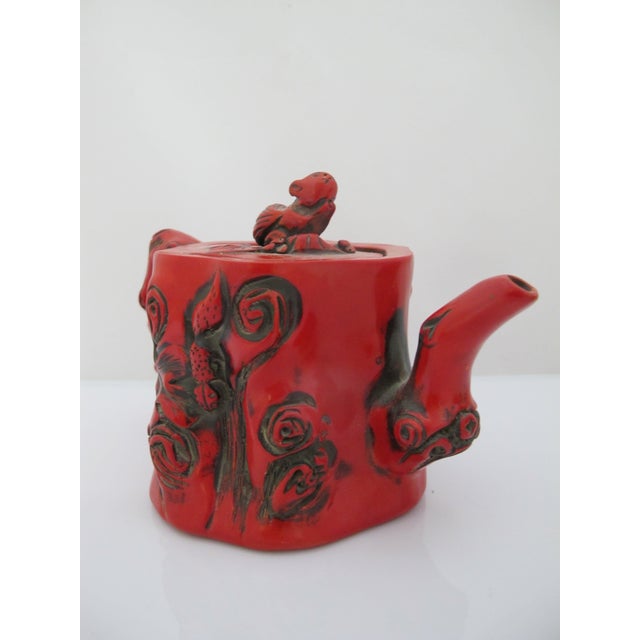 Chinese Red Lacquer Tree Trunk Branch Handle Squirrel Finial Lid Teapot For Sale In Portland, OR - Image 6 of 15