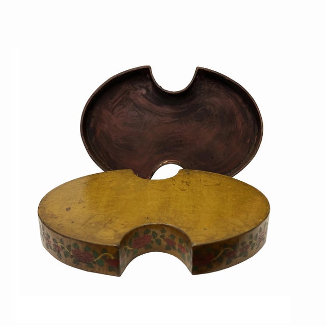 Chinese Distressed Mustard Yellow Dragon Graphic Oval Shape Box For Sale - Image 4 of 5