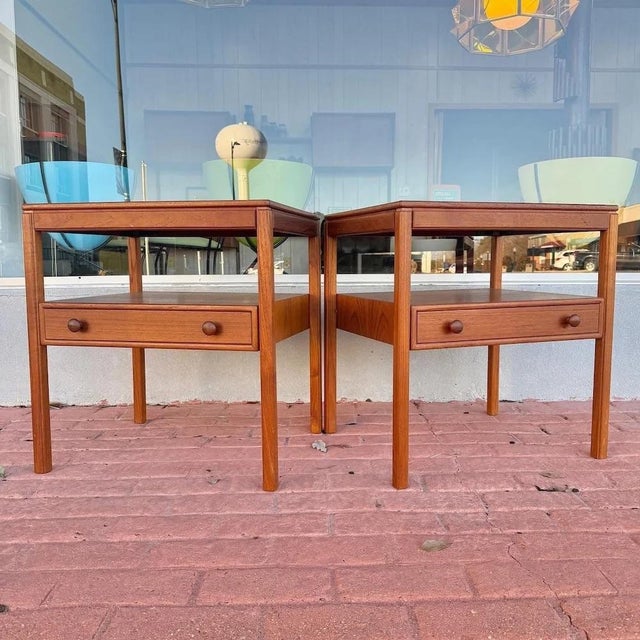 vintage 1960s mid-century modern Swedish teak single-drawer side tables designed by Sven Engstrom and Gunnar Myrstrand for...