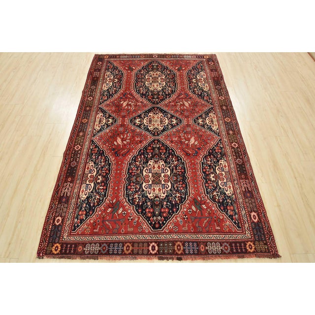Tribal Qashqai Rug 5’5” X 8’1” Red Wool Vintage Tribal Hand-Knotted Oriental Carpet For Sale - Image 3 of 15