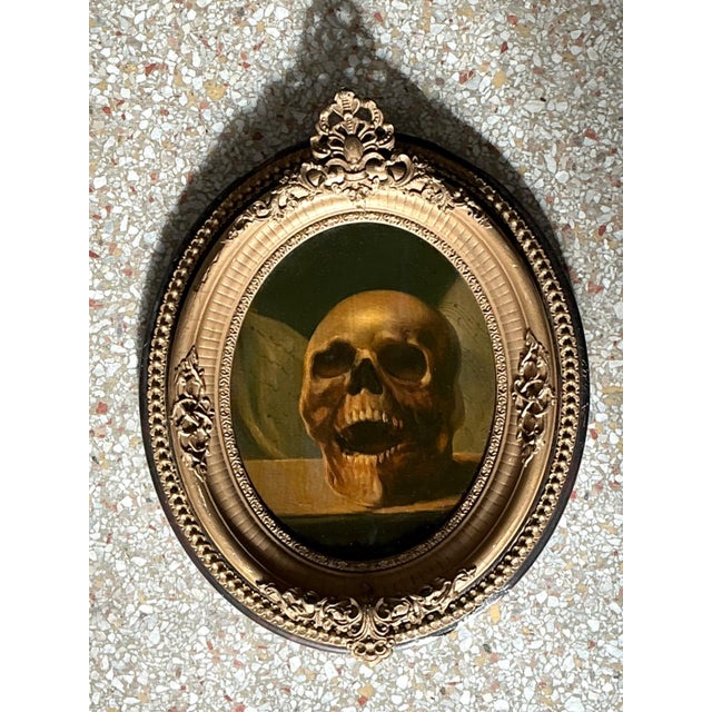 Gold Vintage Skull Oil Painting in Ornate Frame For Sale - Image 8 of 12