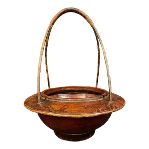 19th Century Antique Chinese Wooden Basket With Bamboo Handles and Floral Decorations, Signed