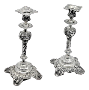 Silver Candlesticks with Floral Motifs and Scrolls, Set of 2