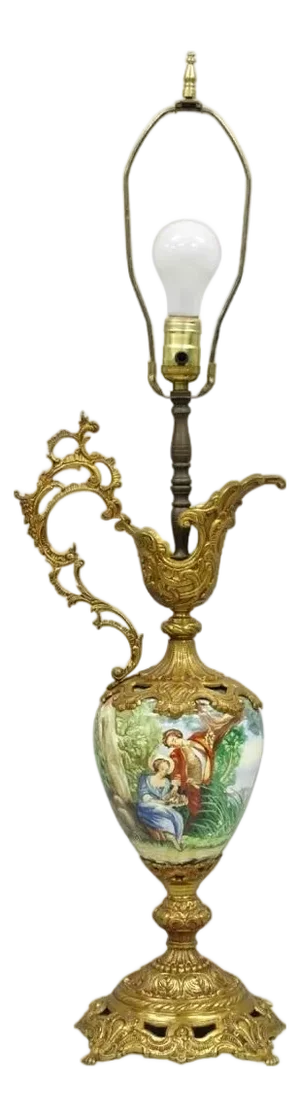 Vintage French Renaissance Style Painted Porcelain Urn Brass Ewer Table Lamp